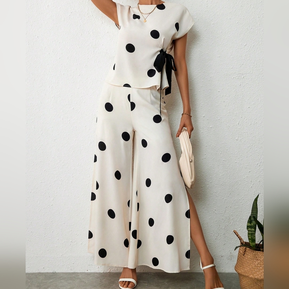 Polka Dot Batwing Sleeve Top & Split Thigh Wide Leg Pants - Picture 1 of 6